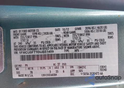 2013 Ford Escape S из США, поврежденный, VIN 1FMCU0F71DUB51459